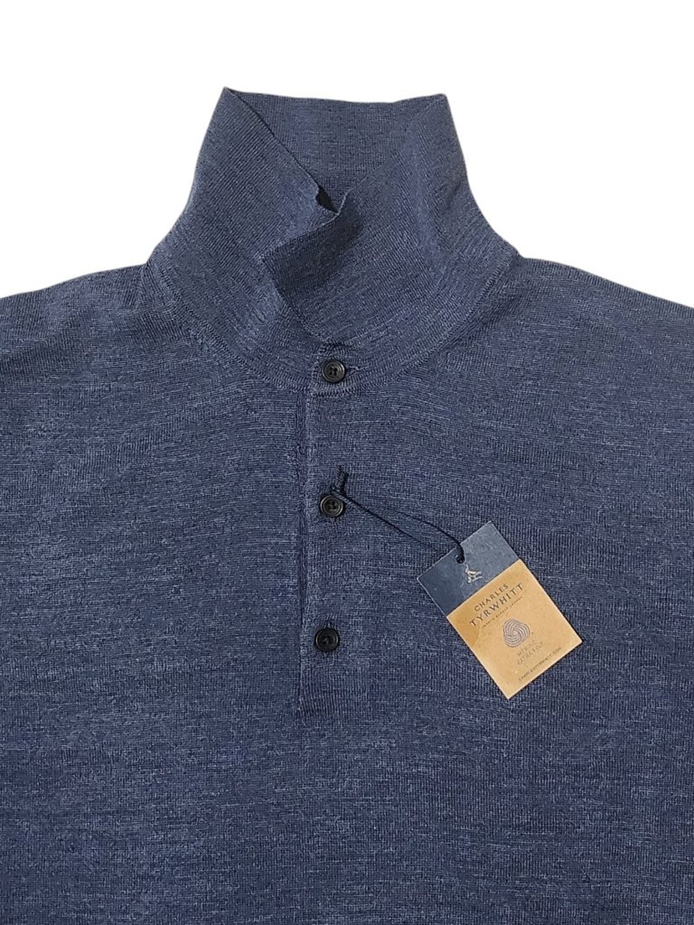 NWT - CHARLES TYRWHITT - Navy Merino Wool Button Neck Polo - Size Medium
